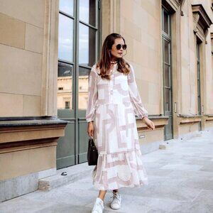 H&M Chiffon Ivory Cream White Geometric Print Long Sleeve Midi Dress NWT, Size 2